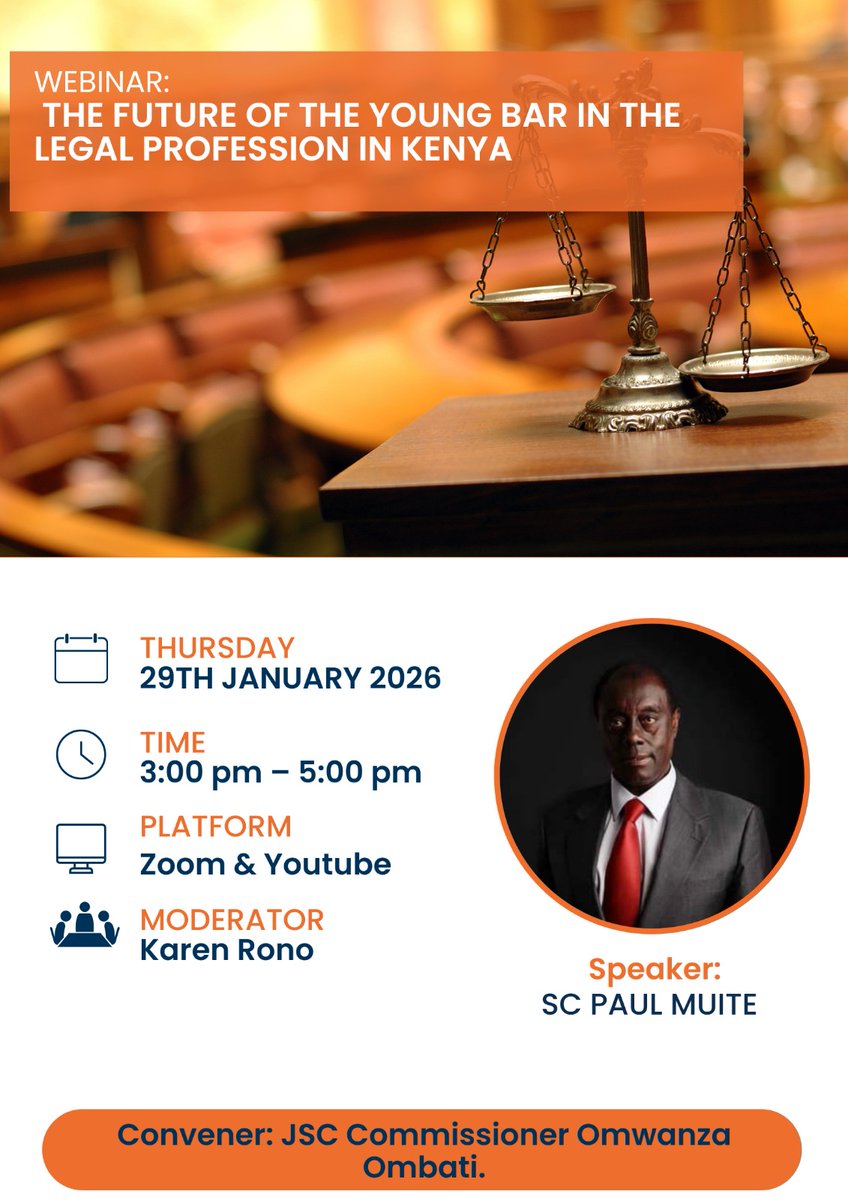 omwanza's tweet photo. HAPPENING THIS THURSDAY 29TH JANUARY 2026 AT 3:00 PM

Omwanza Law Series presents:

*WEBINAR:* *The Future of the Young Bar in the Legal Profession in Kenya*

Date: *29th January, 2026*

Time: *3:00 pm – 5:00 pm.*

Speaker: *SC PAUL MUITE*

*Convener: JSC Commissioner Omwanza Ombati.*

Moderator: Karen Rono

*Click here to Register on zoom for the webinar*: https://t.co/PtvvcLdJ4Q

The Webinar shall be available Live on Commissioner Omwanza Ombati's Youtube for all participants to follow. 

Regards.
