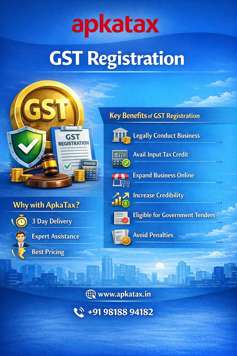 ApkaTax's tweet photo. Start your business the right way with GST Registration 📈
✅ Avail Input Tax Credit (ITC)
✅ Increase credibility
✅ Eligible for government tenders
🌐 https://t.co/G9pfqFvkxg
📞 +91 98188 94182
#GSTRegistration #BusinessCompliance #StartupSupport #ApkaTax #GSTIndia https://t.co/FoVeReZE5c