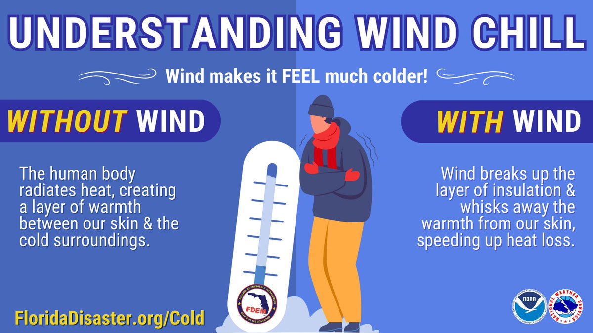 🌬️ A big shift in Florida's weather can be expected today as arctic air makes its way into the state.

Strong wind chills will cause feels-like temps to plummet into the teens &amp; 20s.

‼️ Practice the 5 P's of Cold Weather Prep &amp; monitor local Extreme Cold Warnings/Cold Weather