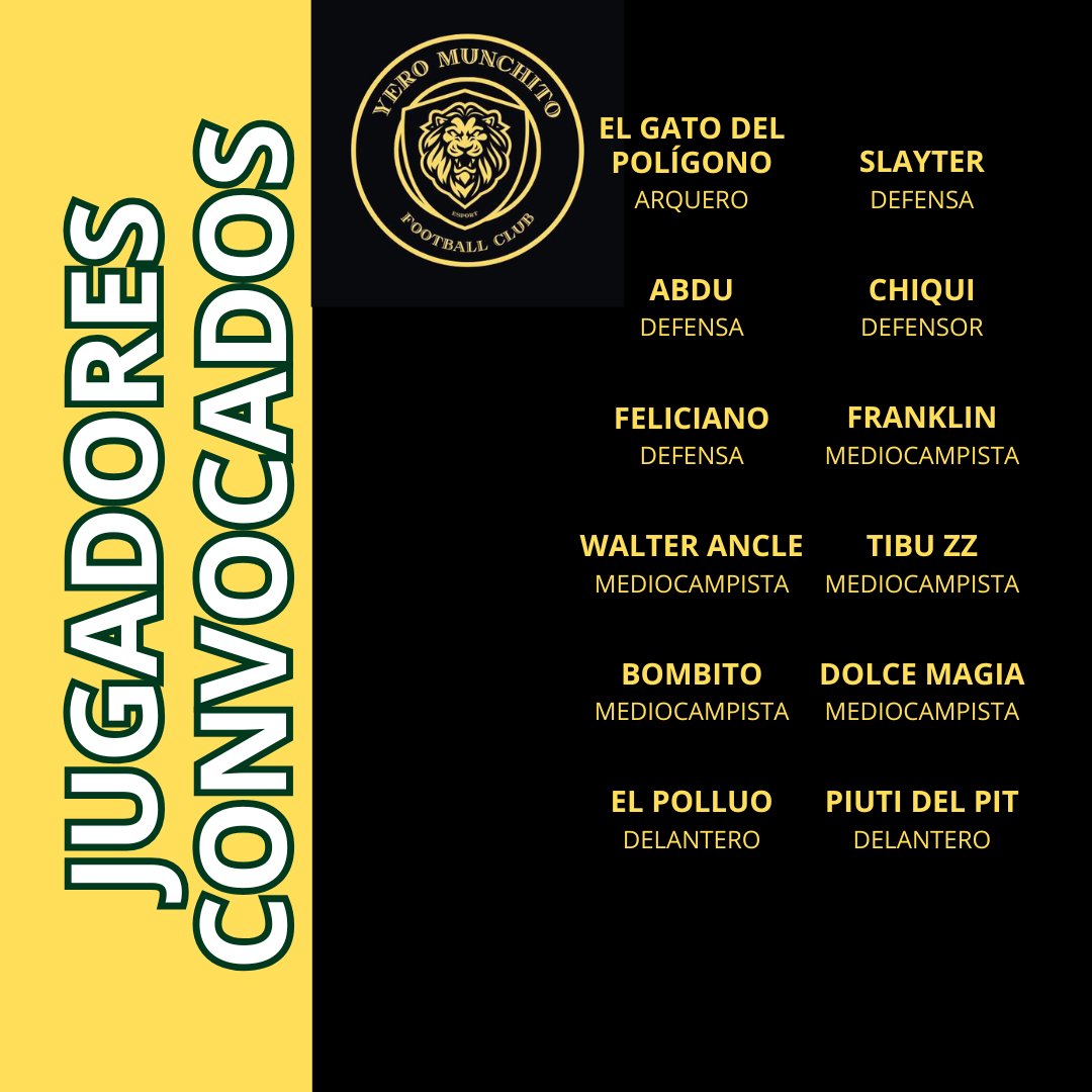 HOY DEBUTAMOS EN <a href="/VPG_Spain/">Virtual Pro Gaming España</a> 
 ESTA ES LA CONVOCATORIA QUE NOS ENFRENTARÁ A 
<a href="/CordobasurFC1/">Cordoba sur Esport</a> Y <a href="/Green__Legacy/">Green Legacy</a> 
ESTAMOS ANSIOSOS POR EMPEZA!!!!
VAMOS YERO MUNCHITO!!! SEGUIMOS EN LA BREGA!💛🖤