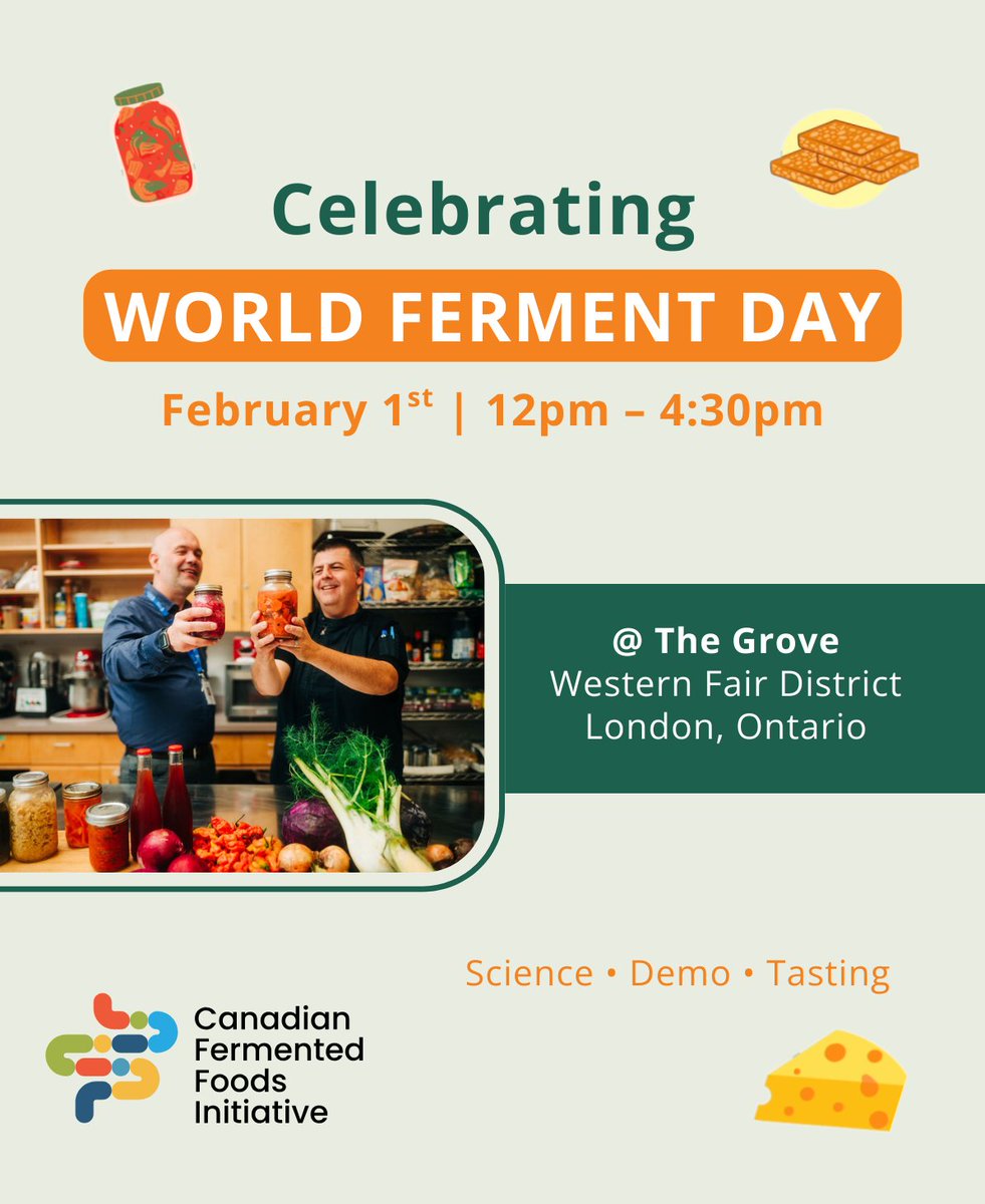 BioenterpriseCA's tweet image. Celebrate #WorldFermentDay 2026 with CFFI in London, ON 

👩‍🔬 Science + health talks
👨‍🍳 Live fermentation demo
🛍 Local fermented food vendors
🎁 Raffle prizes

Feb 1, 2026 | The Grove, London ON

ow.ly/koQV50Y3qNh

@CanadaFermented #Fermentation #Innovation #LocalFood