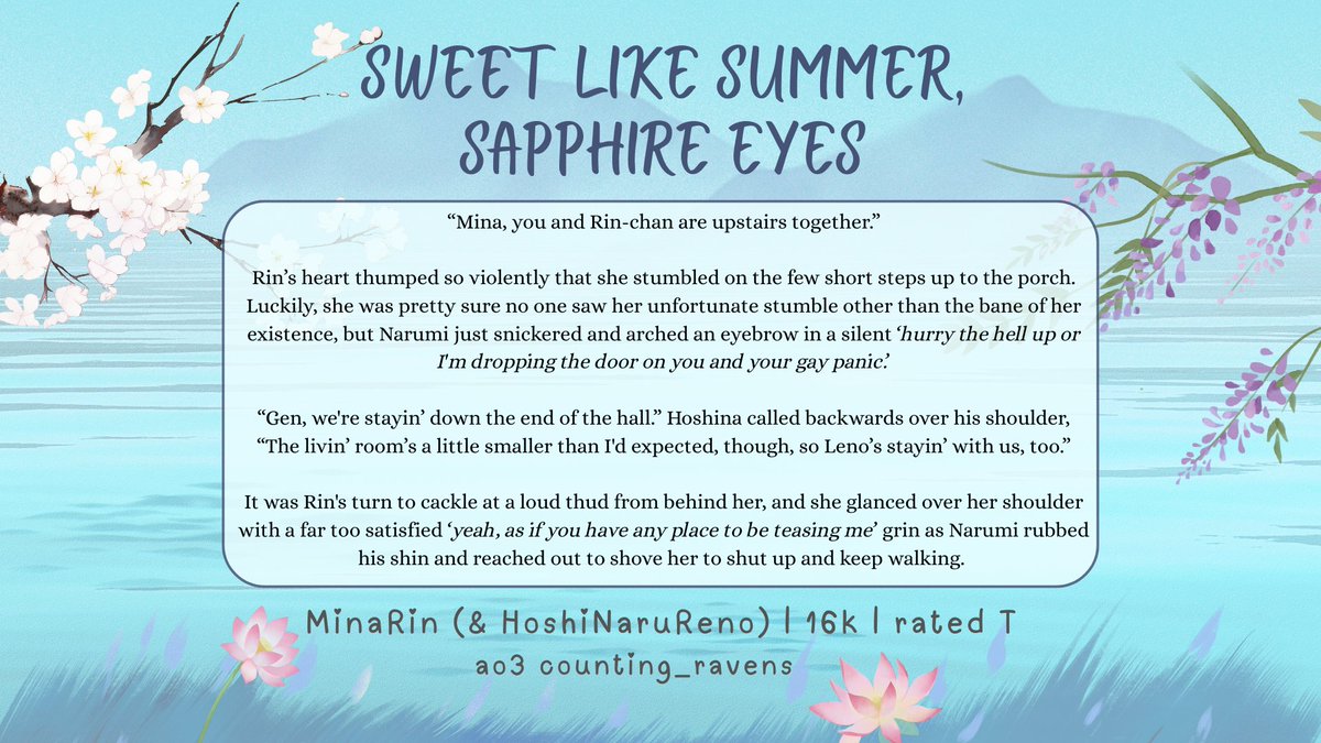 Sweet Like Summer, Sapphire Eyes
#MinaRin (&amp; #HoshiNaruReno) | 16k | rated T

Happy birthday my beloved Rin!! ❤️
#東雲りん誕生祭2026 
#東雲りん生誕祭2026

♡ archiveofourown.org/works/78175686