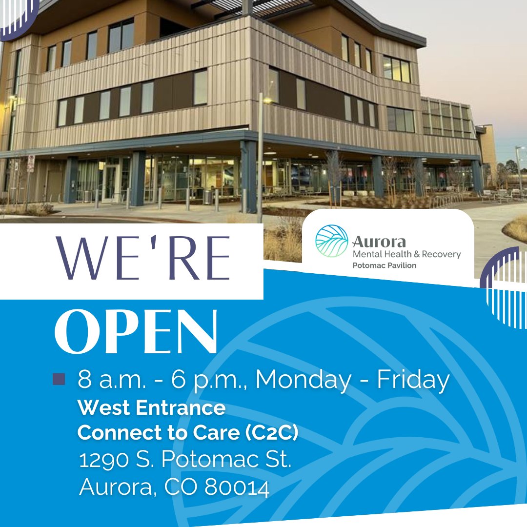 Connect to Care is now #OPEN at the new #PotomacPavilion (1290 S. Potomac St.). We are ready to #Serve your non-crisis #MentalHealth needs. Find out more at auroramhr.org/blog/potomac-p…
