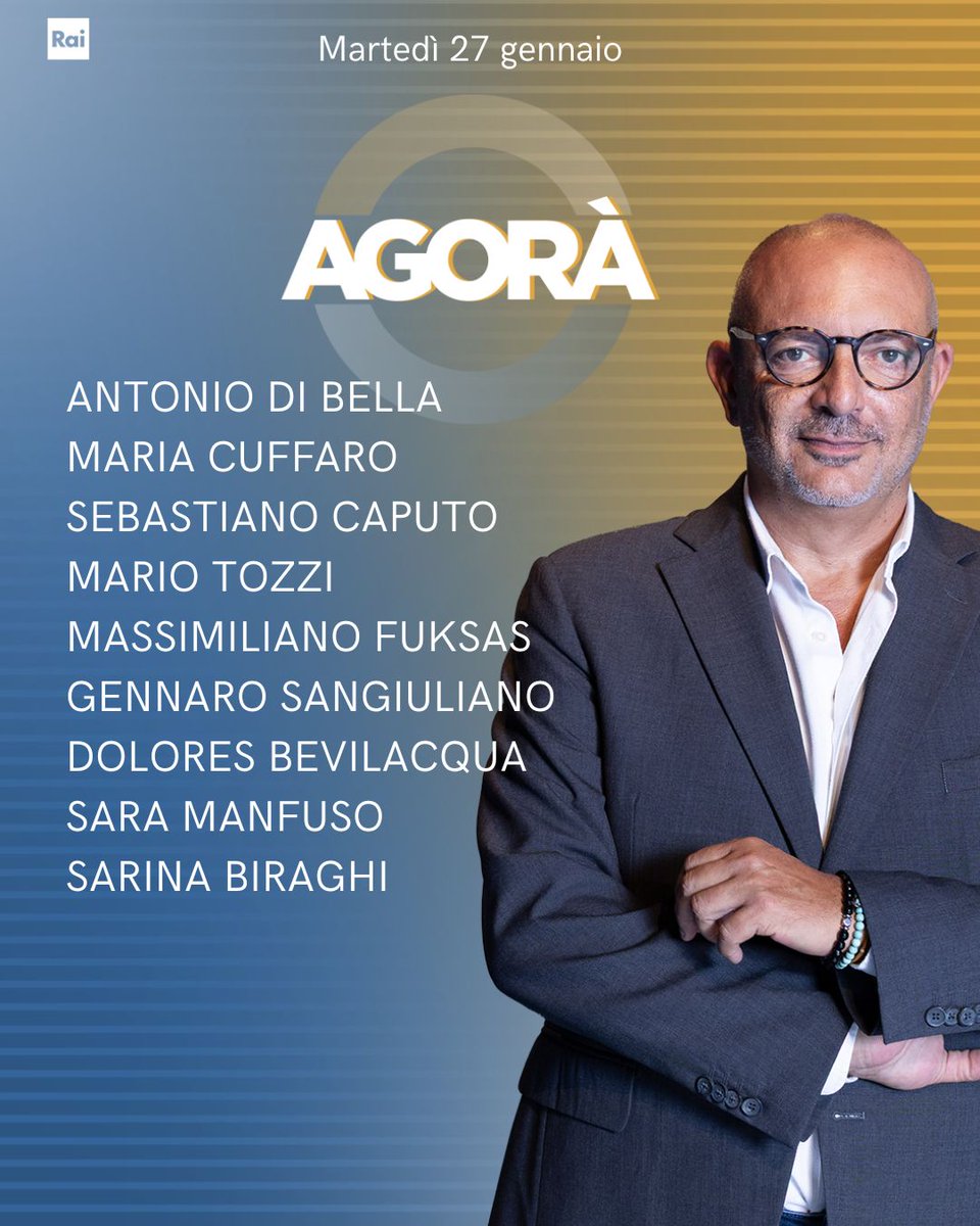 RaiTre's tweet image. Ecco gli ospiti di Roberto Inciocchi di martedì 27 gennaio ad #AgoraRai.
Vi aspettiamo dalle 8.00 su #Rai3 e #RaiPlay.