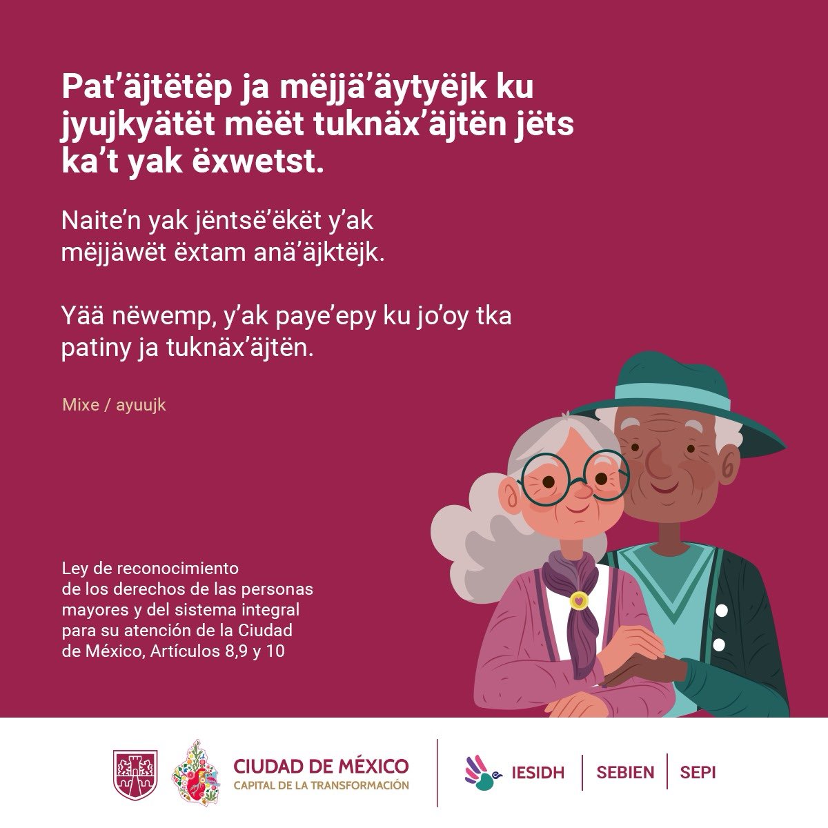 ¡Nuestras #PersonasMayores merecen respeto e igualdad siempre! 💖👴👵
En la Ciudad de México, la discriminación no tiene cabida para nadie, y mucho menos para quienes han construido nuestra ciudad. Todas las personas deben ser tratadas con la misma dignidad y en condiciones de