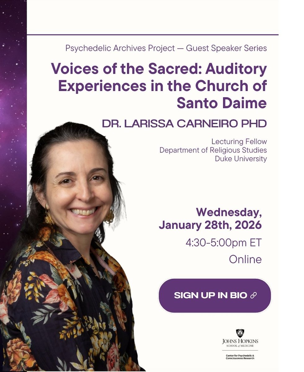 JHPsychedelics's tweet image. Join us Wednesday for the Psychedelic Archives Project Guest Speaker Series!
🎤 Dr. Larissa Carneiro
🗓 January 28, 2026 | ⏰ 4:30 PM EST
🎟 Free to attend — sign up at the link below! 👇
jhubluejays.zoom.us/j/92622903856