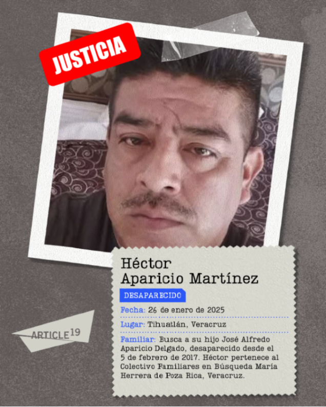 article19mxca's tweet photo. 💢 Héctor Aparicio es activista y padre buscador de su hijo, José Aparicio Delgado, desaparecido desde el 5 de febrero de 2017.

‼️ Hoy se cumple un año de la desaparición de Héctor.

📢 Nos sumamos a las exigencias de los colectivos por la búsqueda y localización de Héctor. https://t.co/fPpmyxrV5L