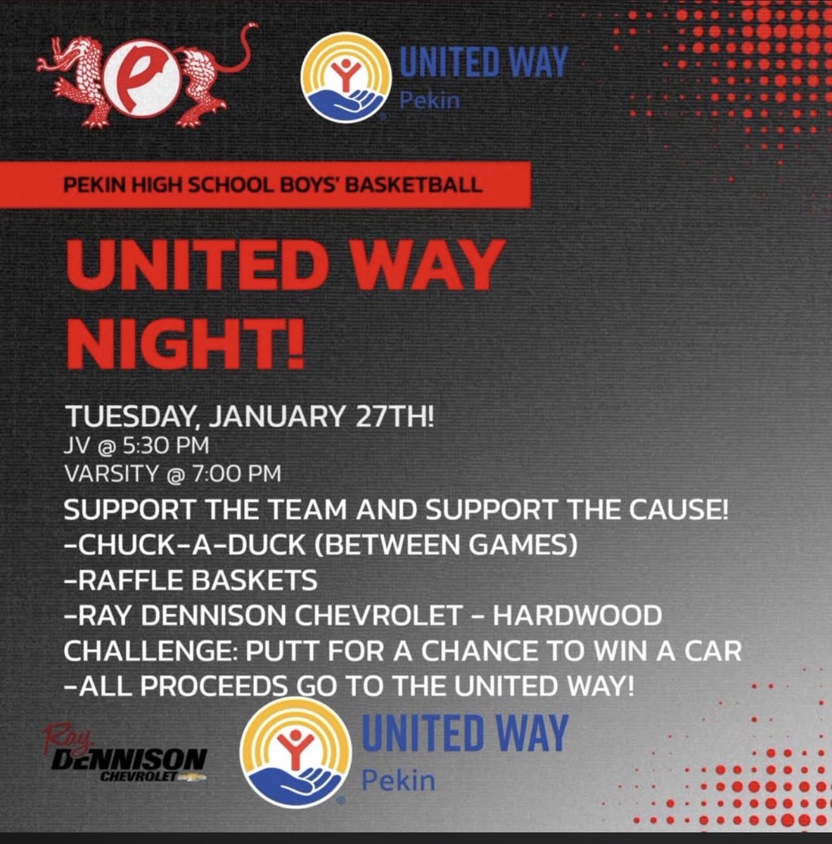 Come out tomorrow night to support the Dragons and participate in multiple activities supporting the <a href="/UnitedWay/">United Way</a>.

<a href="/PCHSDragons/">Pekin High School</a> <a href="/UnitedWayIL/">United Way Illinois</a>
