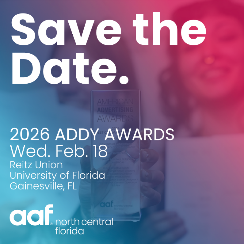 aafncfl's tweet photo. The 2026 AAF-NCFL American Advertising Awards will be on Wed. Feb. 18 in the Reitz Union on the University of Florida campus. Doors at 6:30p. Event at 7p. Ticket info to follow soon. All ADDY winners will be notified via email before tickets go on sale. #aaf, #aafncfl https://t.co/EZeaMT4ztM