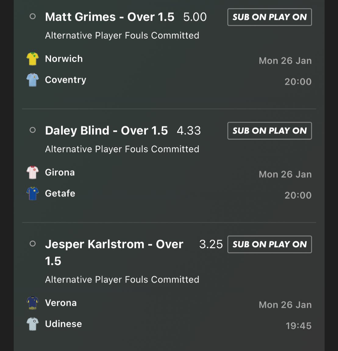 One or two not starting that I’ve selected so just adding these out there I’m going with that are still holding value 

4 players over 1.5’s 25/1 and 3 players over 1.5 fouls 69/1

Add To Your Bet Slip - bet365.com/s/r/yNWjt

Add To Your Bet Slip - bet365.com/s/r/yNWQk