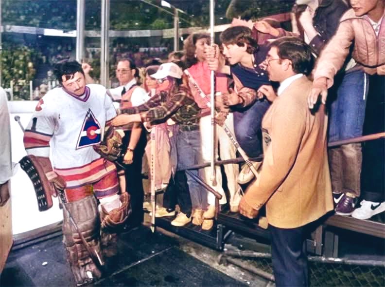 April 3, 1982. Chico Resch, the last of the Rockies off the ice after beating the Flames 3-1 their final game..

Fun Fact: The last ever Rockies goal was scored by John Wensink on Pat Riggin.