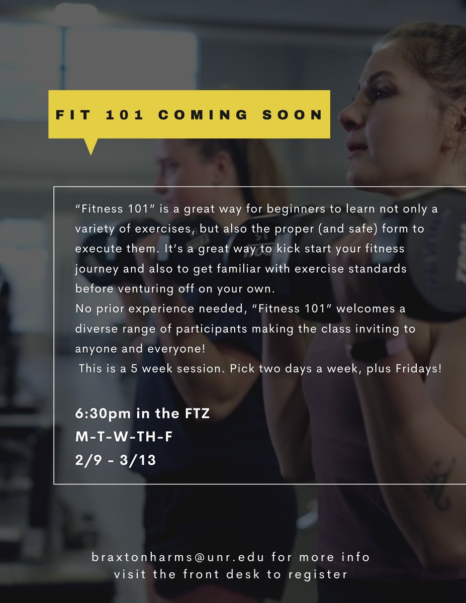 UNevadaStrong's tweet photo. “Fitness 101” is a great way for beginners to learn not only a variety of exercises, but also the proper (and safe) form to execute them.

6:30pm in the FTZ
M-T-W-TH-F
2/9 - 3/13

Visit the front desk to register!

#findyourpackwithnevadastrong #nevadastrong https://t.co/0pNJsrFfaI