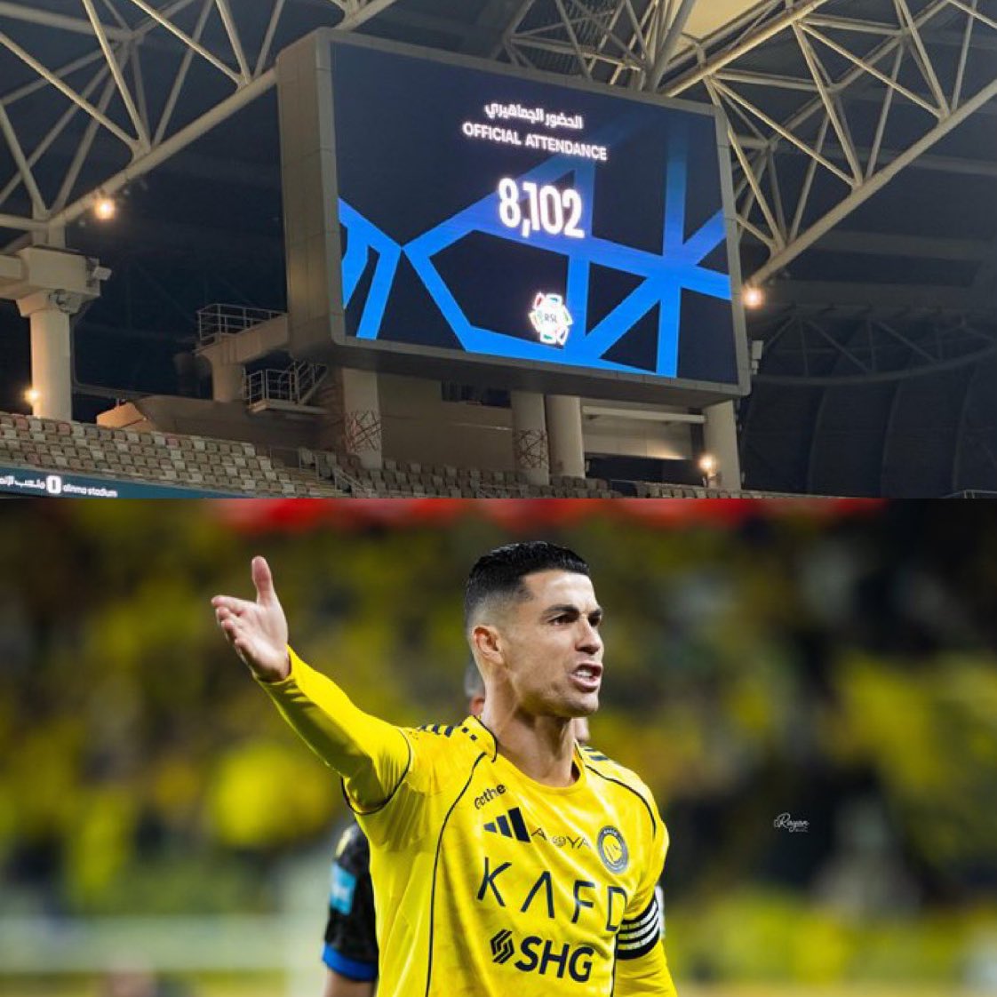 psg_chief's tweet image. Crowd attendance for Al Nassr vs Al Taawoun 😂😂😂 Ronaldo can’t even pull up to 10k people in a home game 😭