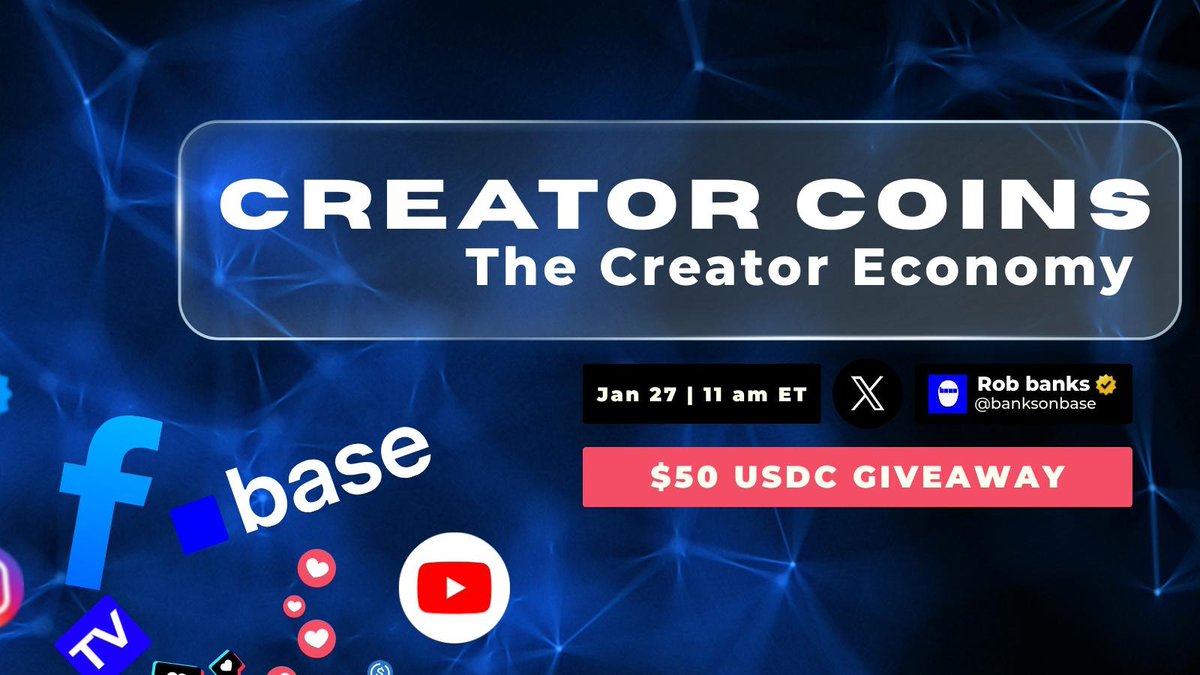banksonbase's tweet image. Starts in 1 hour — 11AM ET

BASE AUDIT (Part 3): Creator Coins &amp;amp; the Creator Economy

Bring your questions on monetization, fan ownership, and safety.

🎧 Space: x.com/i/spaces/1OwxW… 
🎁 $50 USDC (2 winners @ $25)
Rules: Follow @banksonbase, Like, RT, tag 2, and be in the…