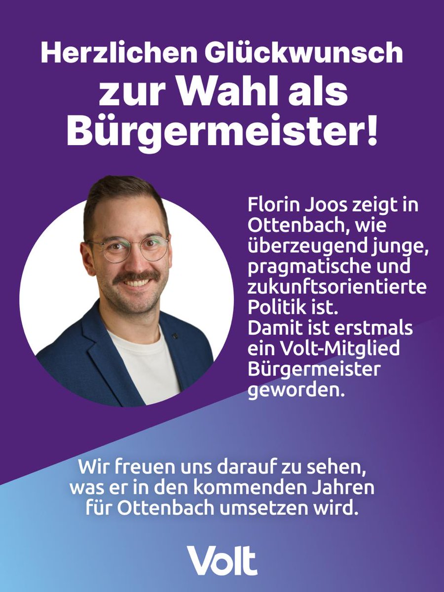 VoltBW's tweet photo. #Volt kann Bürgermeister!
Herzlichen Glückwunsch Florin zur Wahl in #Ottenbach und viel Erfolg in den kommenden Jahren!💜🥳 https://t.co/XiqQw0qZNq