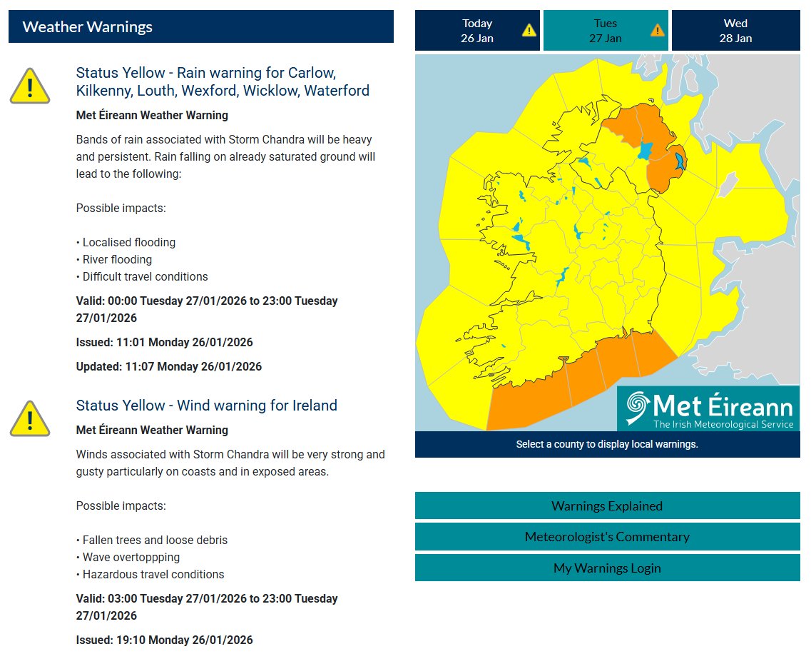 Update⬇️
⚠️Yellow wind warning was issued for Ireland on Tues 27/01 in association with #stormchandra 

❗️Rain falling on already saturated ground will lead to localised impacts
❗️Winds will be very strong &amp; gusty particularly on the coasts &amp; exposed areas
met.ie/warnings-tomor…