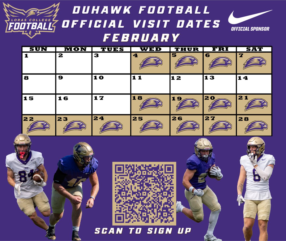 CoachNovakLoras's tweet image. February Official Visit Dates are Live.

Come meet the staff, talk ball, and see what Duhawk Football is building.

Official visits. Real relationships.

Scan the QR to register. Let’s talk ball.
#GoDuhwaks |#FLYWITHUS |