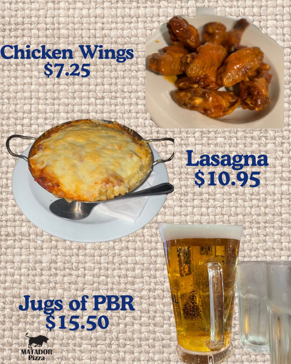 ‼️ It’s Monday Fun Day.
Pitchers $15.50
Wings $7.25
Oven Baked Lasagna $10.95

Dine in only
Reservations for 5 or more recommended 
☎️ 403-286-3133

#wings #beer #lasagna #MatadorPizza #pizza