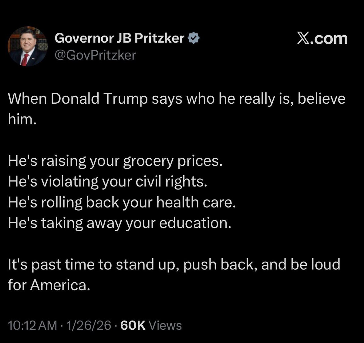 Libs_OfChicago's tweet photo. When JB Pritzker tells you to look at Trump you can bet your ass we should be looking at JB.

He raised your cost of living.
He violated your Constitutional.
He makes you pay for others healthcare & illegal aliens.
He doesn’t care that only 35% of students statewide can read when they graduate high school.

It’s past time to stand up, push back & be loud for Illinois.