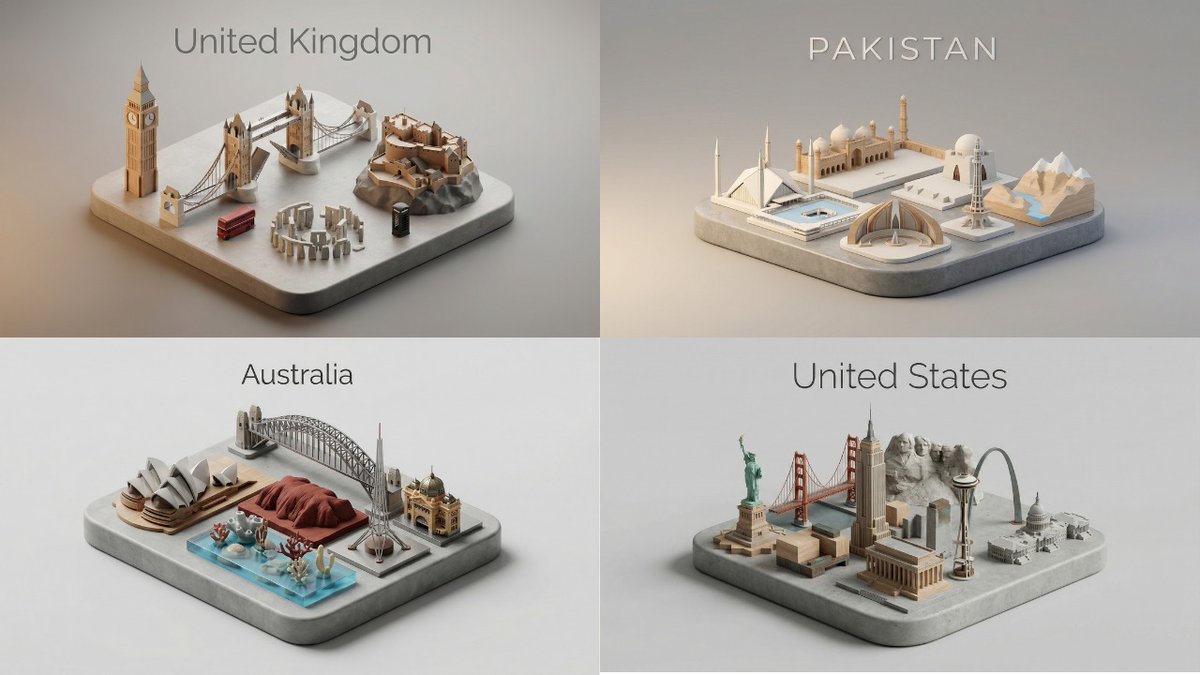 noman23761's tweet photo. Epic miniature world tour: UK, Pakistan, Australia, USA landmarks in adorable 3D toy style — Big Ben to Badshahi, Opera House to Liberty! Nano Banana Pro. Prompt in thread 👇🌍✨
Your fave country?
#AIArt #MiniatureWorld #Landmarks #WorldTour #3DArt #NanoBananaPro #ToyStyle #Icon https://t.co/PK5pqR0zai