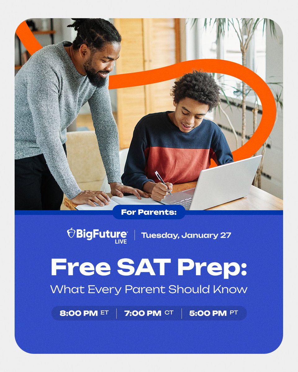 CollegeBoard's tweet image. Help your student prepare for the #SAT this spring with #BigFuture Live!

Join us tomorrow for “Free SAT Prep: What Every Parent Should Know” to learn how to build a smart study plan using SAT’s free practice tools.

Register today! ➡️ spr.ly/6017h6k6c