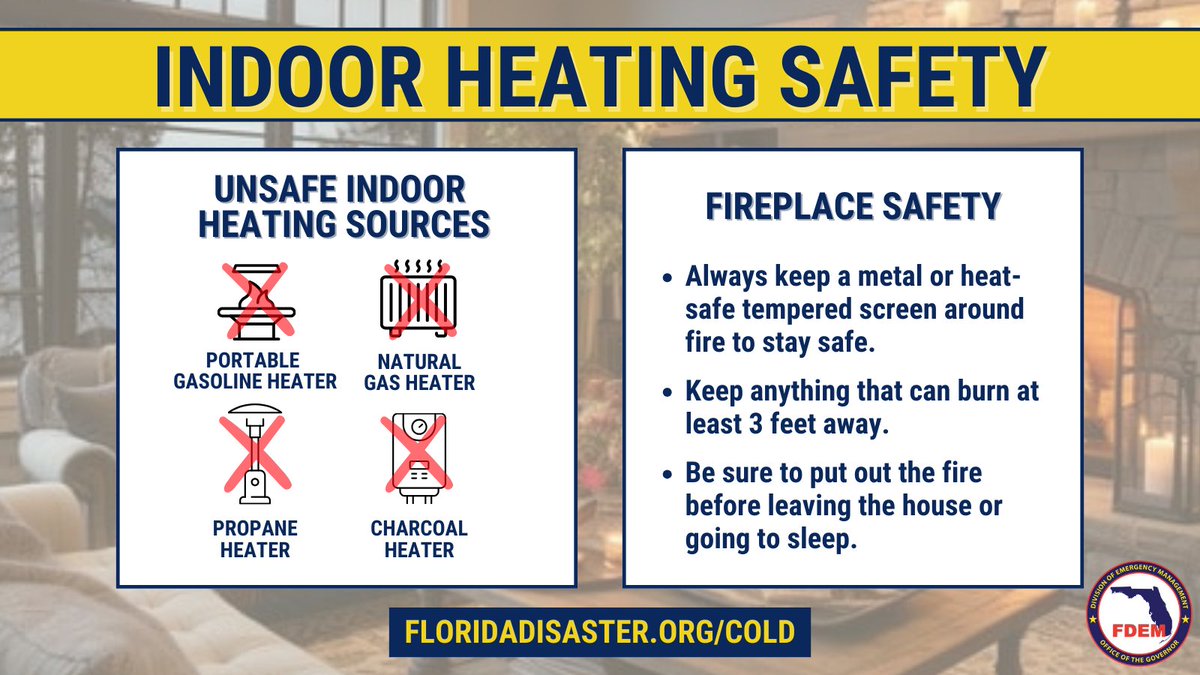 As temperatures rapidly decline tonight, you may be turning on your indoor heat sources to stay warm.

To avoid fire hazards, remember: 
🔥  Keep all flammables 3ft+ away 
🛌 Never leave a space heater unattended  
🔌 Don’t use an extension cord or power strip