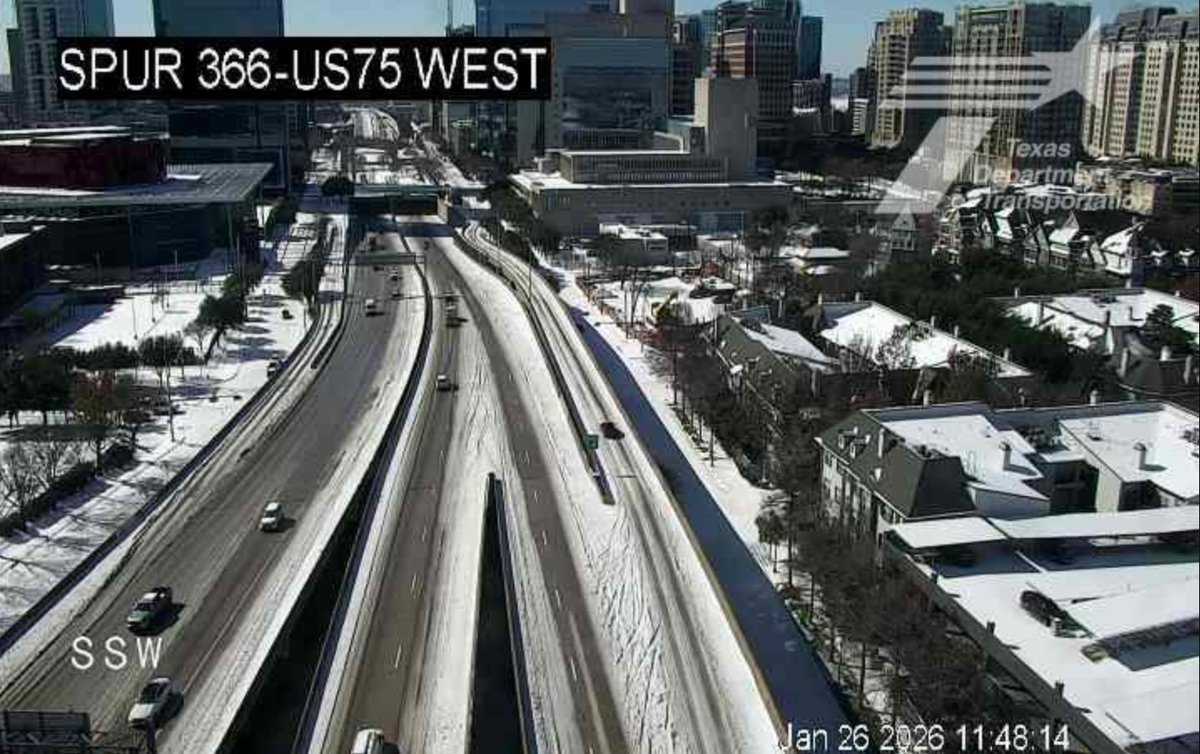 wfaa's tweet photo. CHECK OUT THE ROADS💧❄️ Here's a look at some of the major highways across North Texas. It looks like some of the roads are starting to clear this afternoon. Read more: https://t.co/St6gaGep8l https://t.co/3smOo2tgbV
