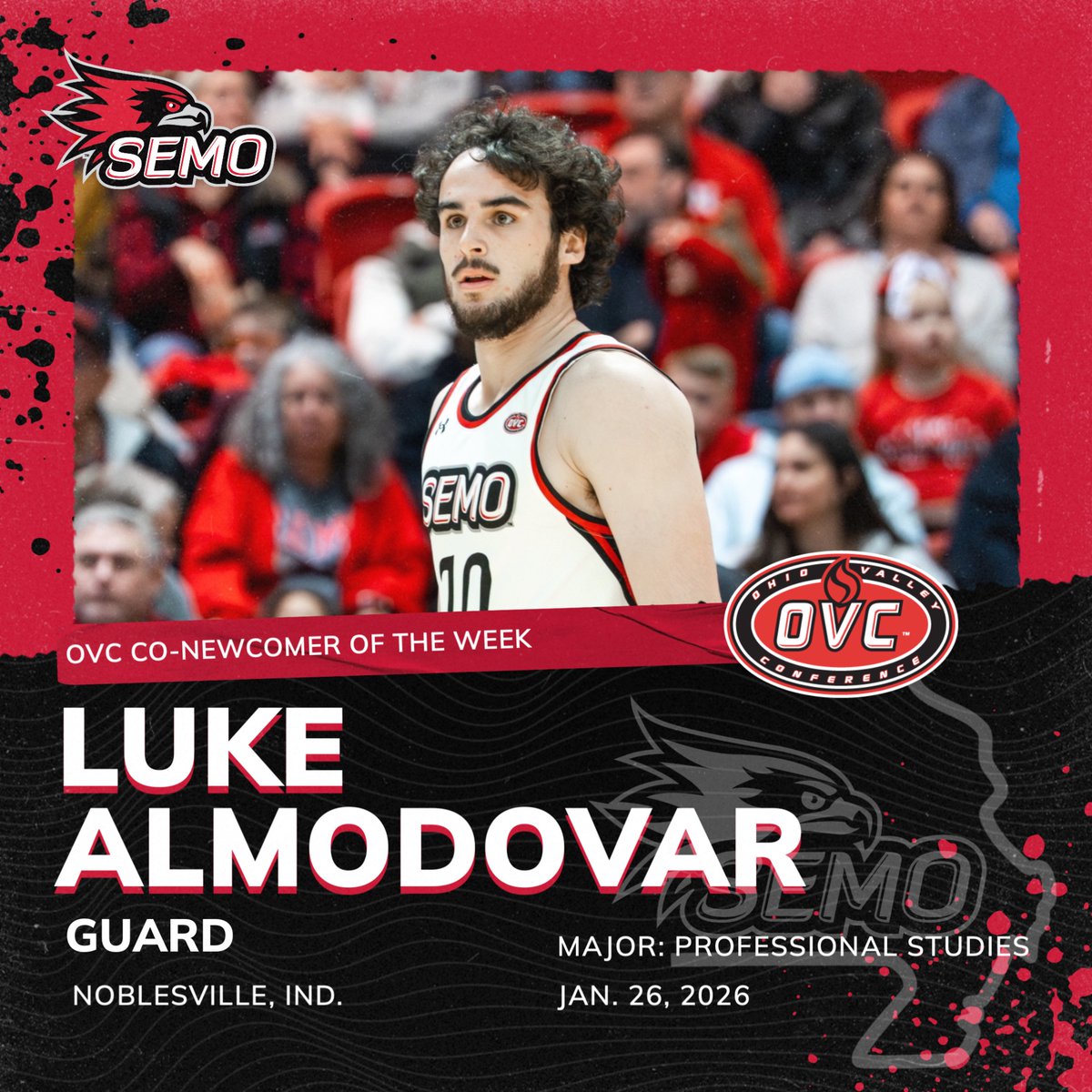 Southeast Missouri guard Luke Almodovar was named Ohio Valley Conference Co-Newcomer of the Week Monday.
Story: shorturl.at/Z4Ifd