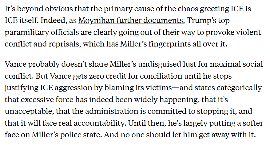 Note that Leavitt refuses to answer when asked if Trump backs Miller calling Pretti a "domestic terrorist."

It's now clear Vance miscalculated badly by rushing out to smear the victims and declare ICE has total immunity. This is getting away from them.

newrepublic.com/article/205616…