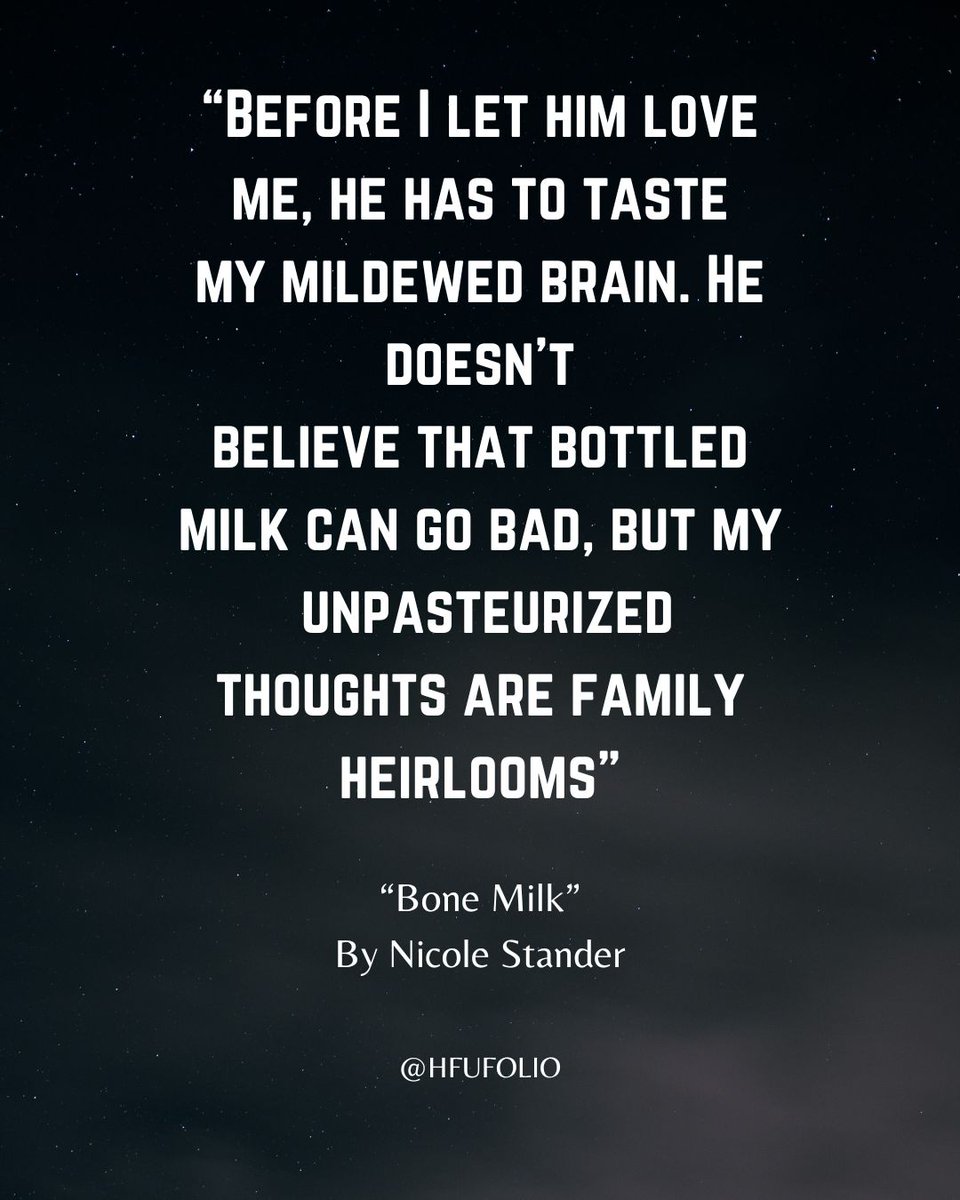 Folio 48 has amazing pieces for every reader! Check out “Bone Milk” by Nicole Stander

“Bone Milk” is an incredibly compelling poem on our most recent issue of Folio. Have your own poems or compelling pieces of prose? Go to foliomagazine.org to submit your own pieces!!