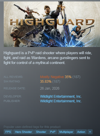 😬 Highguard just dropped out of nowhere — dev ambitions are sky-high, but Steam reviews are… yeah, you know

<a href="/PlayHighguard/">Highguard | LIVE NOW!</a> unexpectedly launched today — a free-to-play team raid shooter from ex-Respawn devs (Titanfall / Apex) on PC and consoles. You play as “Guardians” and