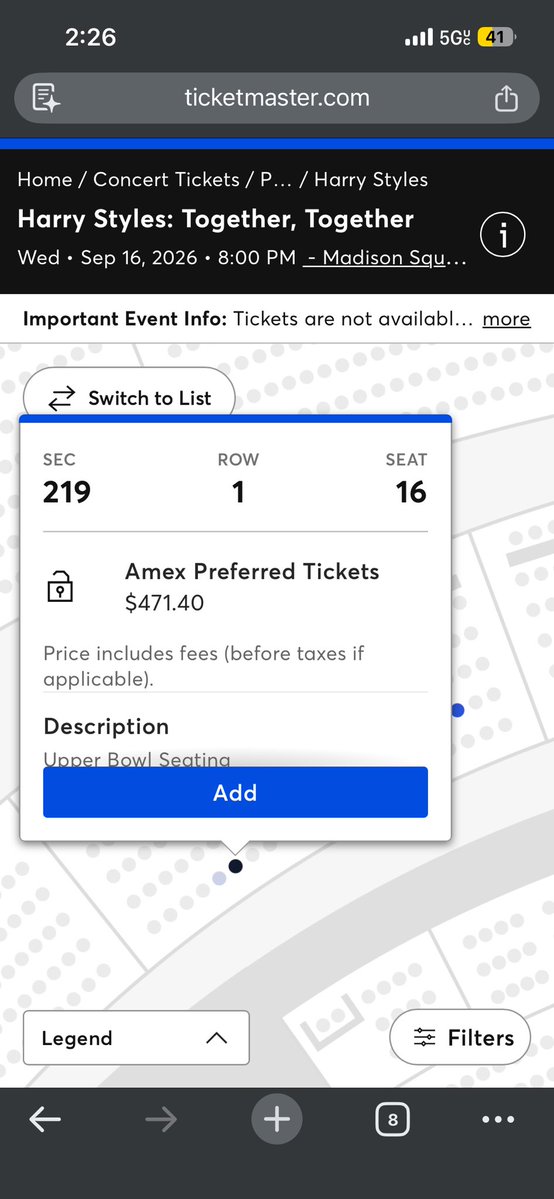 gabs_cornejo's tweet image. 2 o’clock amex presale not sold out yet bc these are the prices of what’s left lol. Harry I love you, but who is buying these…

hoping tmrw is cheaper.