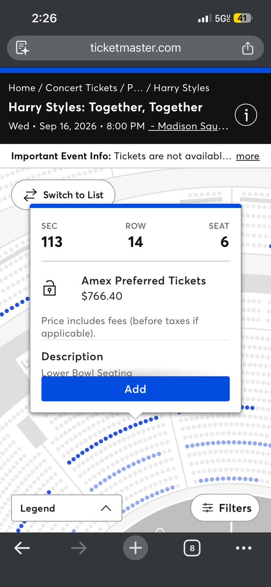 gabs_cornejo's tweet image. 2 o’clock amex presale not sold out yet bc these are the prices of what’s left lol. Harry I love you, but who is buying these…

hoping tmrw is cheaper.