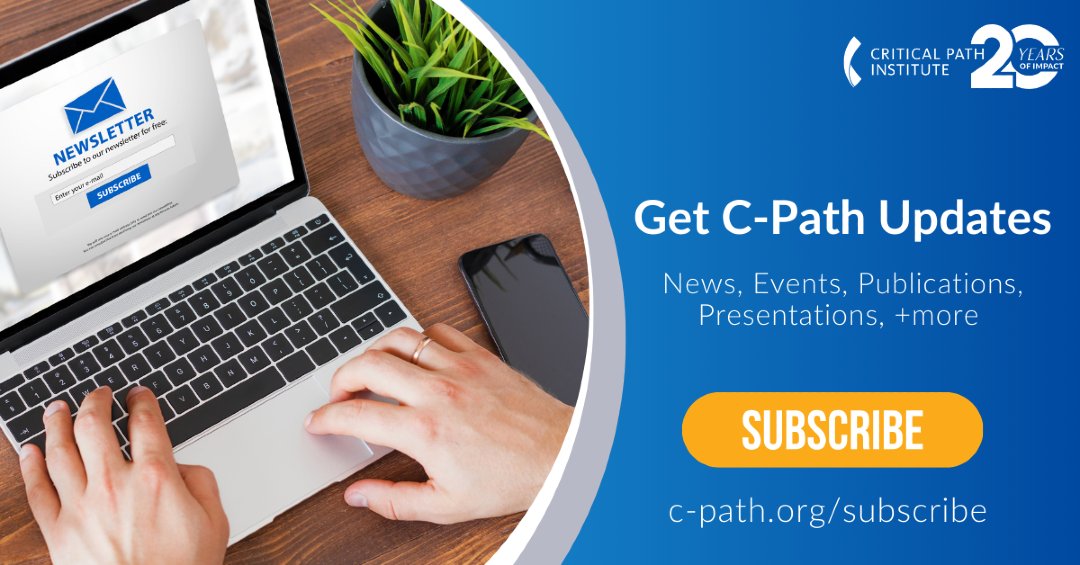 CPathInstitute's tweet image. Interested in #CPath updates? Be sure to subscribe at f.mtr.cool/vfstzzhoqw For 20 years, C-Path has been providing vital infrastructure to generate a neutral environment for everyone working in drug development to collaborate, not compete. Let's improve lives, together.
