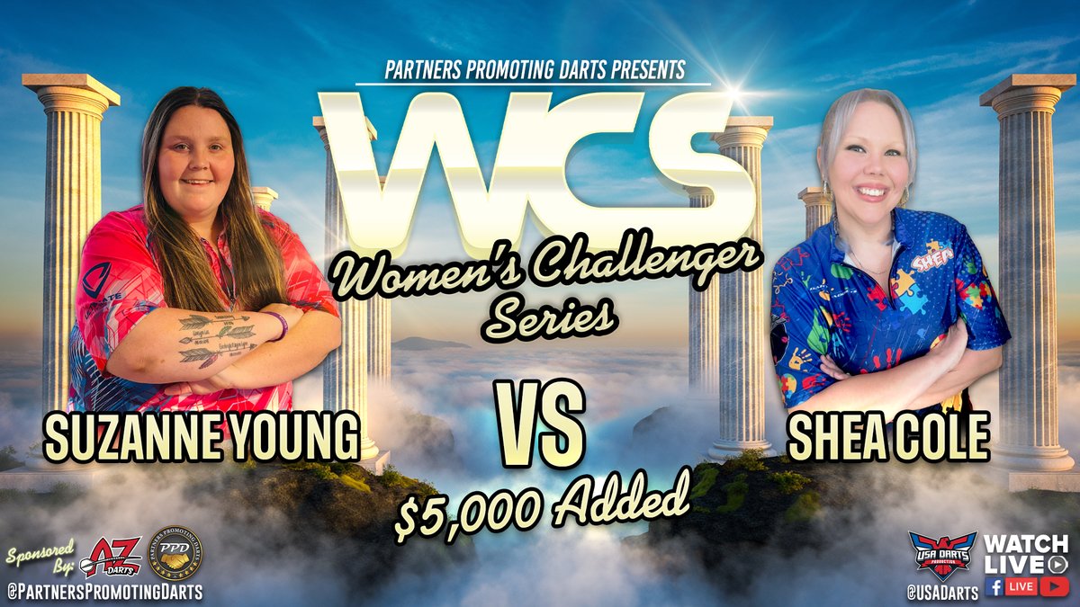 TONIGHT @ 8PM CT

Suzanne Young takes on Shea Cole in the Finals of the Women's Challenger Series. Join us on USA Darts and Partners Promoting Darts Facebook and YouTube pages.