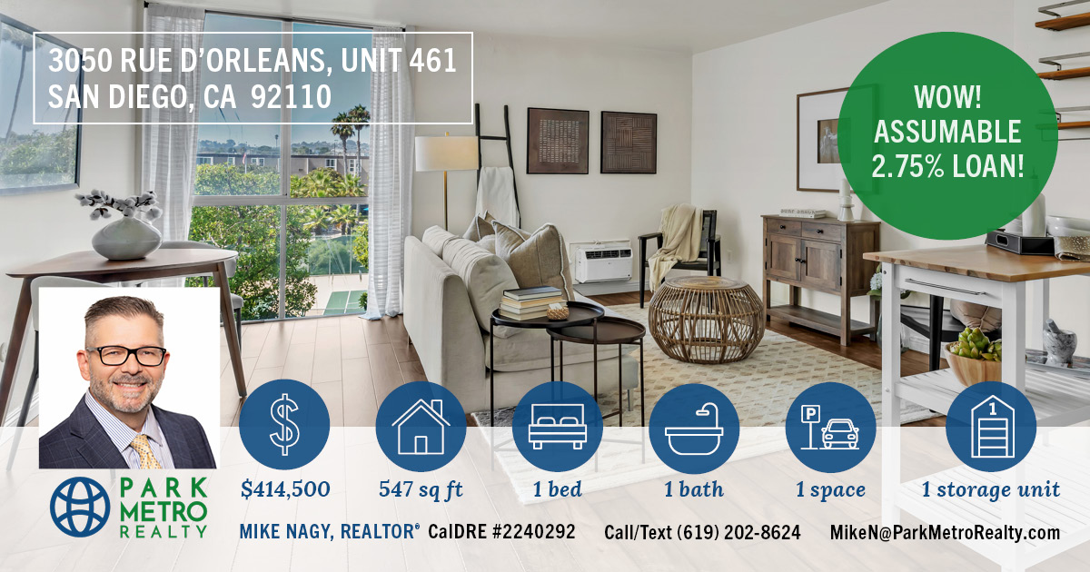 ParkMetroRealty's tweet photo. Price reduced to $414,500 at 3050 Rue D’Orleans #461. Assumable loan! 1BD/1BA condo w/courtyard views, in-unit laundry, storage, &amp; 1-car prkng. Gated comm near OB &amp; MB.

Schedule a Showing Today!
https://t.co/XLIpIYdIFY

Michael Nagy, REALTOR® 
DRE #2240292 
(619) 202-8624 https://t.co/3C4tnyYt1F