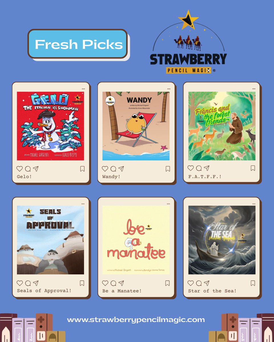 Fresh Picks‼️📚 Check out …
- Gelo: The Italian-Ice Snowman 
- Wandy
- Francis and the forest friends 
- Seals of approval 
- Be a manatee 
- Star of the sea 
Enjoy these incredible stories and MANY more at strawberrypencilmagic.com ⭐️