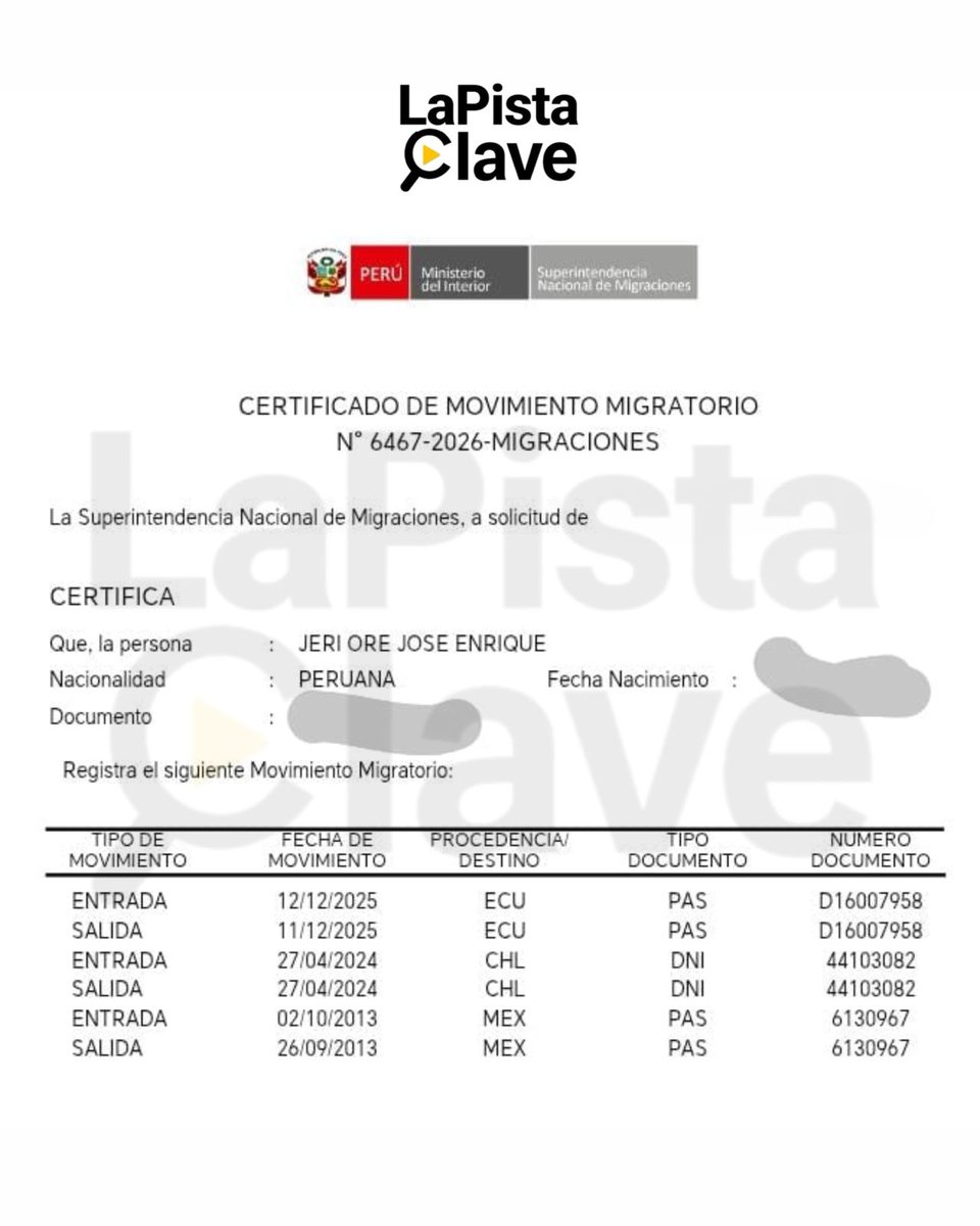 lapistaclave's tweet photo. EL MUNDO DE JERÍ.
Este es el movimiento migratorio de José Jerï Oré, el mandatario interino de 39 años.
En el año 2013 realizó su primer viaje al exterior, a los 27 años. El destino fue México y estuvo ahí una semana.
Es decir, antes de ser congresista, el abogado Jerí sólo había salido una vez  del país.
En el año 2024 cuando ya era congresista accesitario viajó a Chile por un día. Era su segundo viaje fuera del país a los 38 años.
Finalmente en el 2025, ya como mandatario interino viajó a Ecuador para participar del gabinete binacional Perú-Ecuador. Lo acompañaron 10 personas.
A la luz de su movimiento migratorio, José Jerí sólo conoce 3 países, dos de ellos gracias a los viajes que realizó como funcionario público.