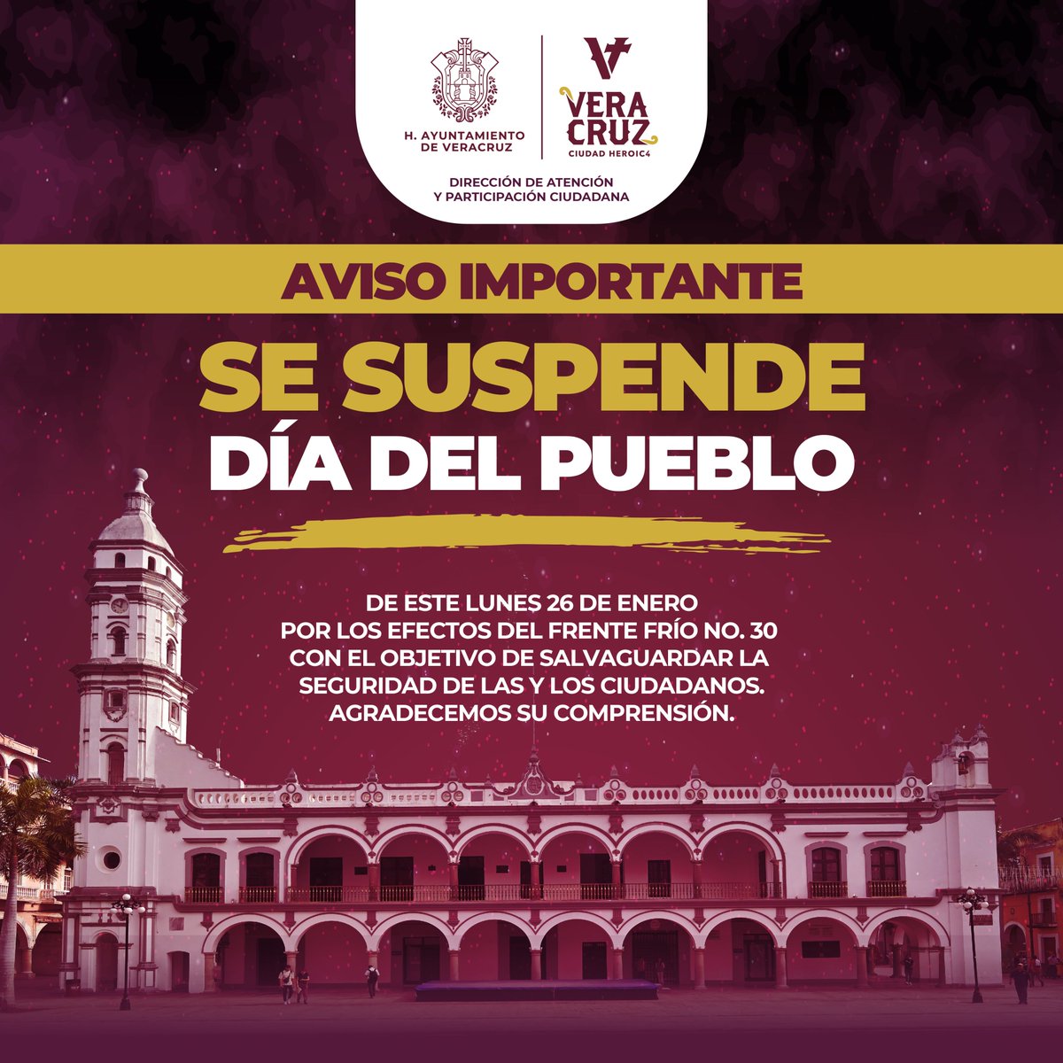 Derivado de las condiciones climatológicas, se suspende la atención del Día del Pueblo en el espacio habitual.
Estaré recibiendo a las personas que acudan en la sala de juntas de la Presidencia Municipal, ingresando por la puerta frente al zócalo. <a href="/Claudiashein/">Claudia Sheinbaum Pardo</a> <a href="/rocionahle/">Rocío Nahle</a>