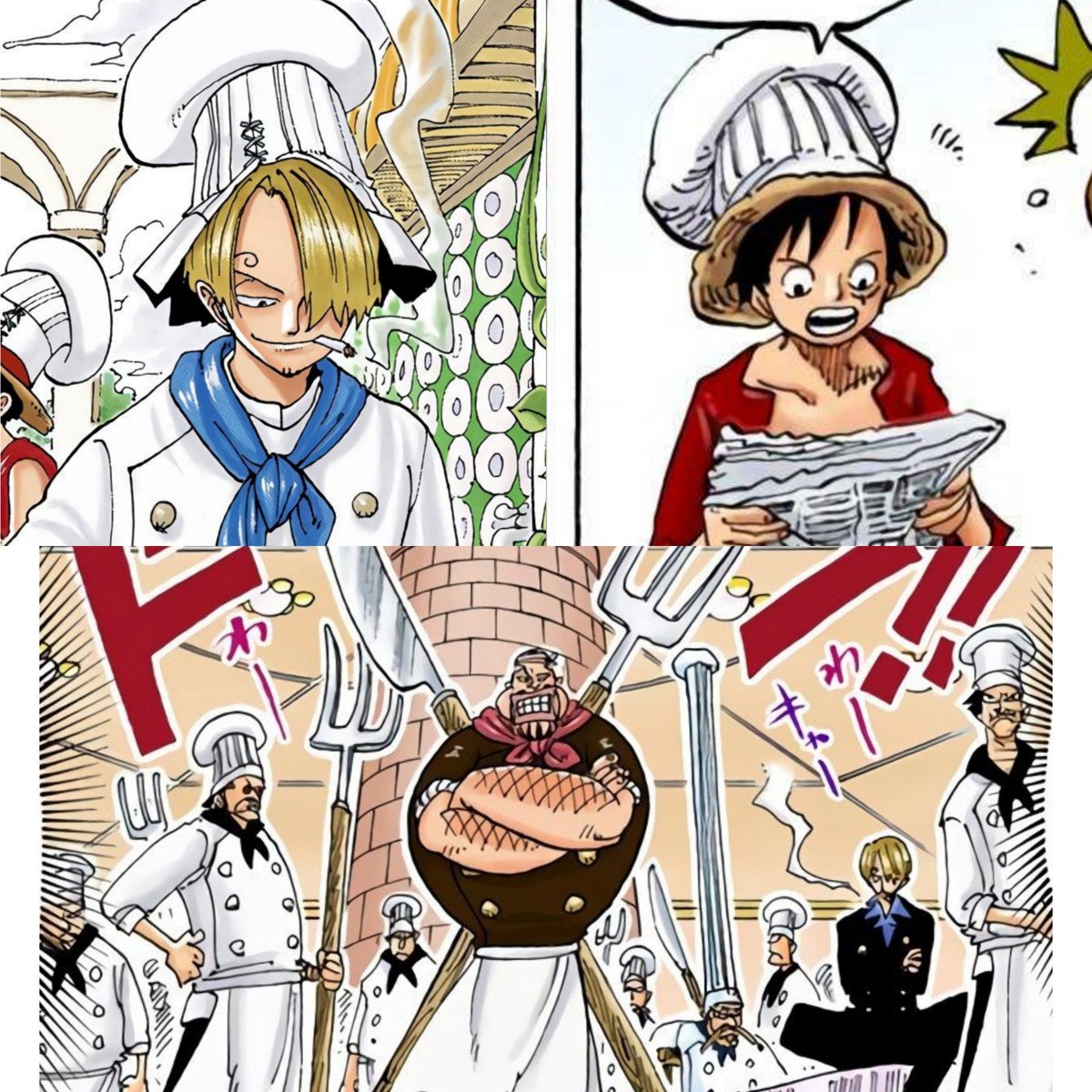 I like to think that the hat Luffy wore while using Sanji's kitchen was actually Sanji's. Since everyone at Baratie had one, maybe Sanji did too, he just didn't wear it, and brought it with him as a keepsake from Baratie (⁠T⁠T⁠)