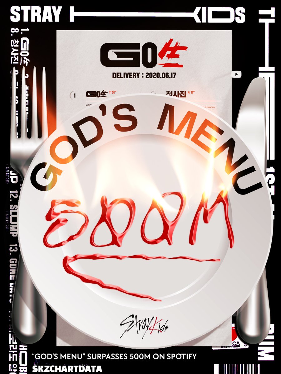 skzchartdata's tweet photo. "God's Menu" has now surpassed 500,000,000 (500M) streams on Spotify!

It is the 1st song by a 4th Generation K-pop Boy Group to do so.

GODS MENU 500M MICHELIN
#GodsMenu_500MOnSpotify 
@Stray_Kids #StrayKids https://t.co/VItpfHKUpr
