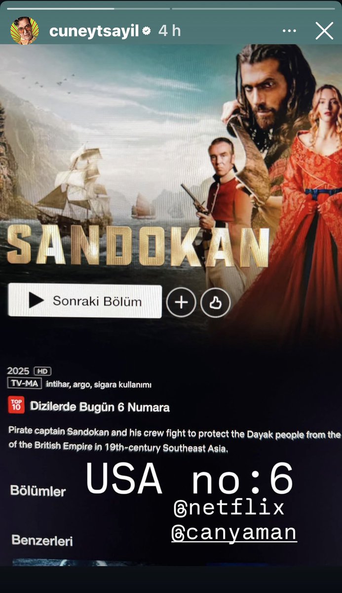 Dalle storie di @/cuneytsayil

Oggi Sandokan al N.6 Netflix U.S.🇺🇸

#CanYaman #Sandokan
#OnlyCanYamanTeamItaly