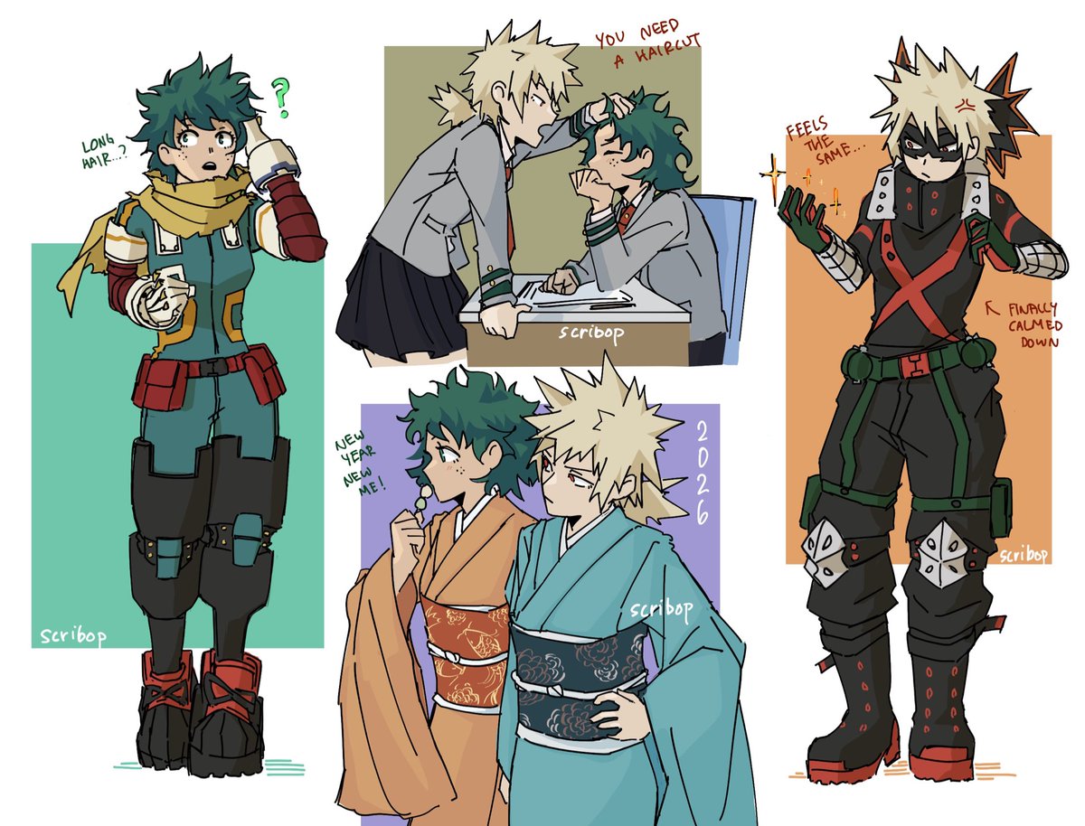 scribop's tweet image. still thinking about this gender bend I made last month they’re so cute i’m gonna eat them #bkdk #mha