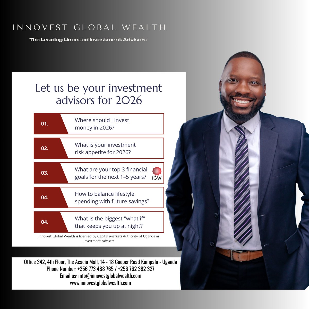 mandelanelson21's tweet photo. Work with the leading licensed investment advisors in Uganda. Contact Innovest Global Wealth to book your appointment. Email us: info@innovestglobalwealth.com https://t.co/LWQolkbil4