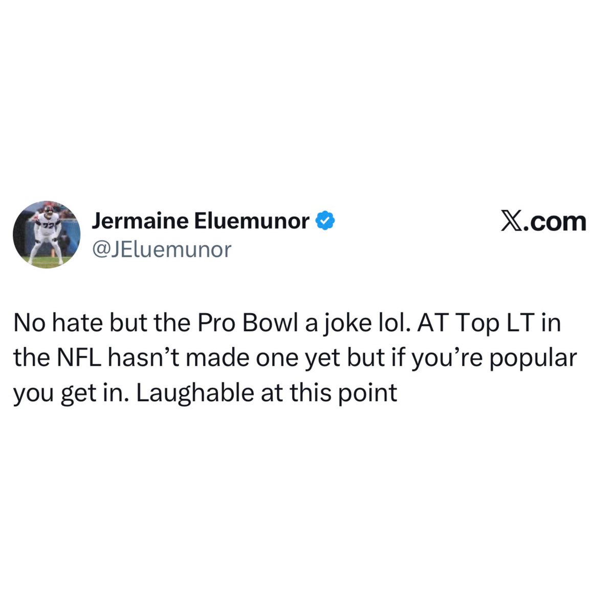 jasrifootball's tweet image. 𝗧𝗥𝗘𝗡𝗗𝗜𝗡𝗚: Following the news of Shedeur Sanders making the Pro Bowl, Giants OT Jermaine Eluemunor says the Pro Bowl has become “a joke”

“Andrew Thomas Top LT in the NFL hasn't made one yet but if you're popular you get in. Laughable at this point”