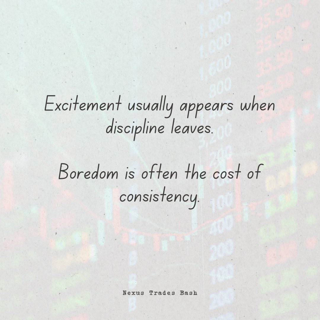 NexusTradesBash's tweet image. Boredom is often a sign you’re doing things right. It means you’re not forcing action, not reacting to every move, and not chasing stimulation from the market. Profitable trading usually feels quiet because the edge lives in waiting, not engagement.

#TradeLess #NexusTradesBash