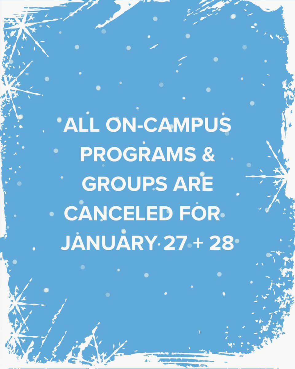 rhcc's tweet image. Due to inclement weather, all on-campus programs and groups scheduled for Tuesday, January 27, and Wednesday, January 28, including on-site small groups, care groups, and student events, are canceled. Your safety is our top priority. Stay warm!
