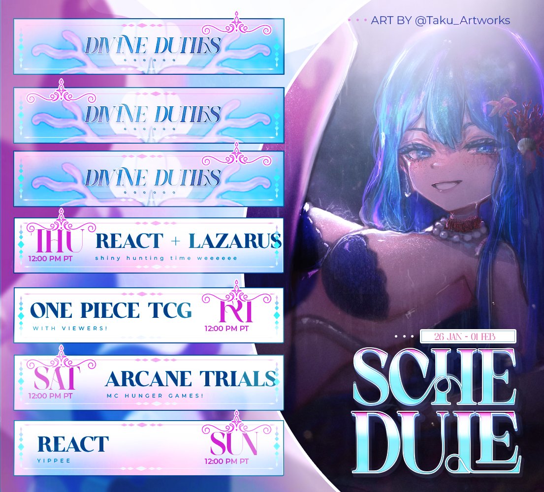 PoseidonMythos's tweet photo. 【SCHEDULE 01.26 - 02.01】💙   

YAY SCHEDULE! I wont be streaming until Thursday since some stuff come up, but you will have me all to yourselves towards the end of the week! 💙

🎨: @/Taku_Artworks https://t.co/fXQQcGtLuQ