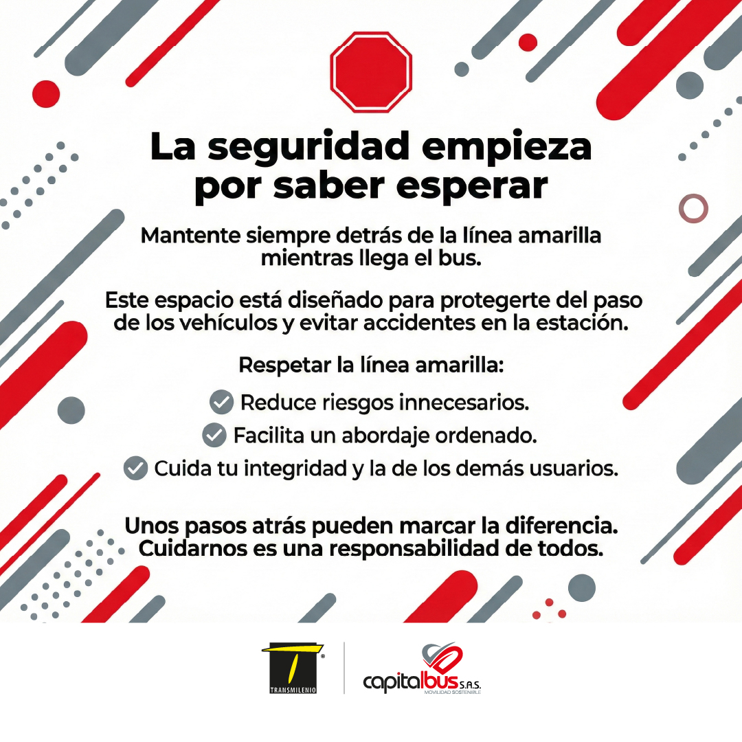 La seguridad empieza por saber esperar 🚍
Mantente detrás de la línea amarilla mientras llega el bus. Unos pasos atrás pueden marcar la diferencia.
#SeguridadVial #CulturaCiudadana #MovilidadSegura #Capitalbus
