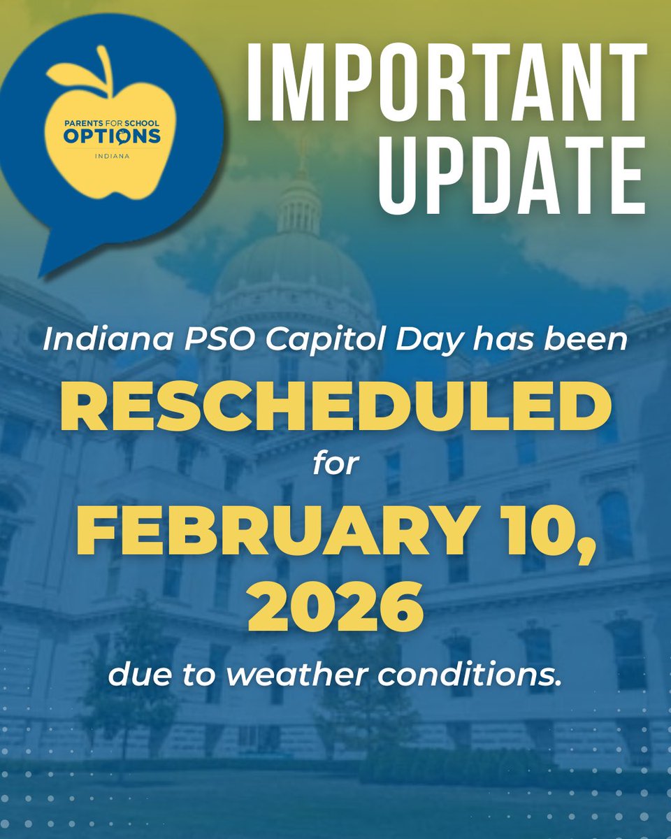 Due to weather conditions, Indiana PSO Capitol Day has been rescheduled for February 10, 2026.

We appreciate your understanding as we prioritize the safety of our families, students, and educators. Previously registered guests will receive updates via email!